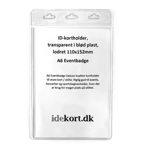 ID-kortholder, transp. blød plast, lodret A6 Eventbadge & Keyhanger i valgfri farve m. metal krog