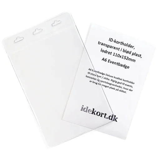 ID-kortholder, transp. blød plast, lodret A6 Eventbadge & Keyhanger i valgfri farve m. metal krog